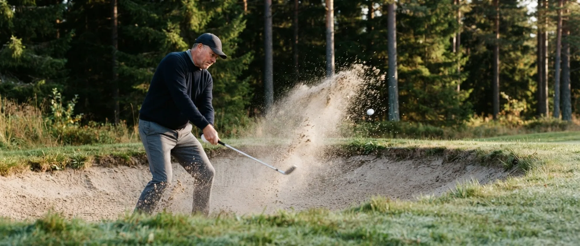 Spiller som slår ut av en bunker, sanden står i lufta og ballen er på vei mot greenen