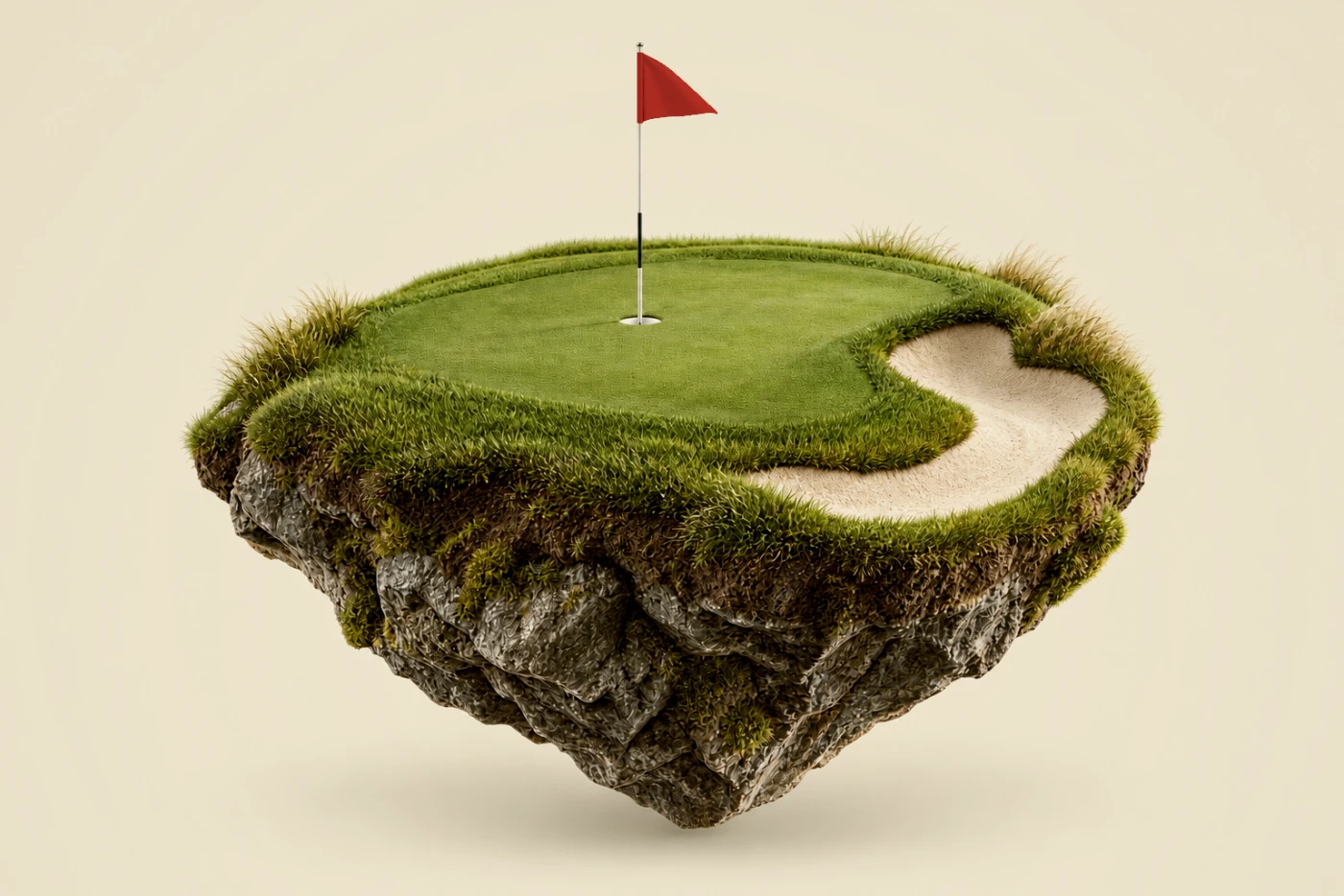Et golfhull som en flytende øy med green, bunker og oransje flagg