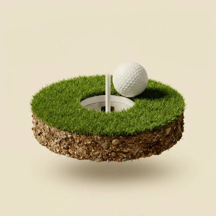 Golfball på kanten av hullet på en flytende greenskive