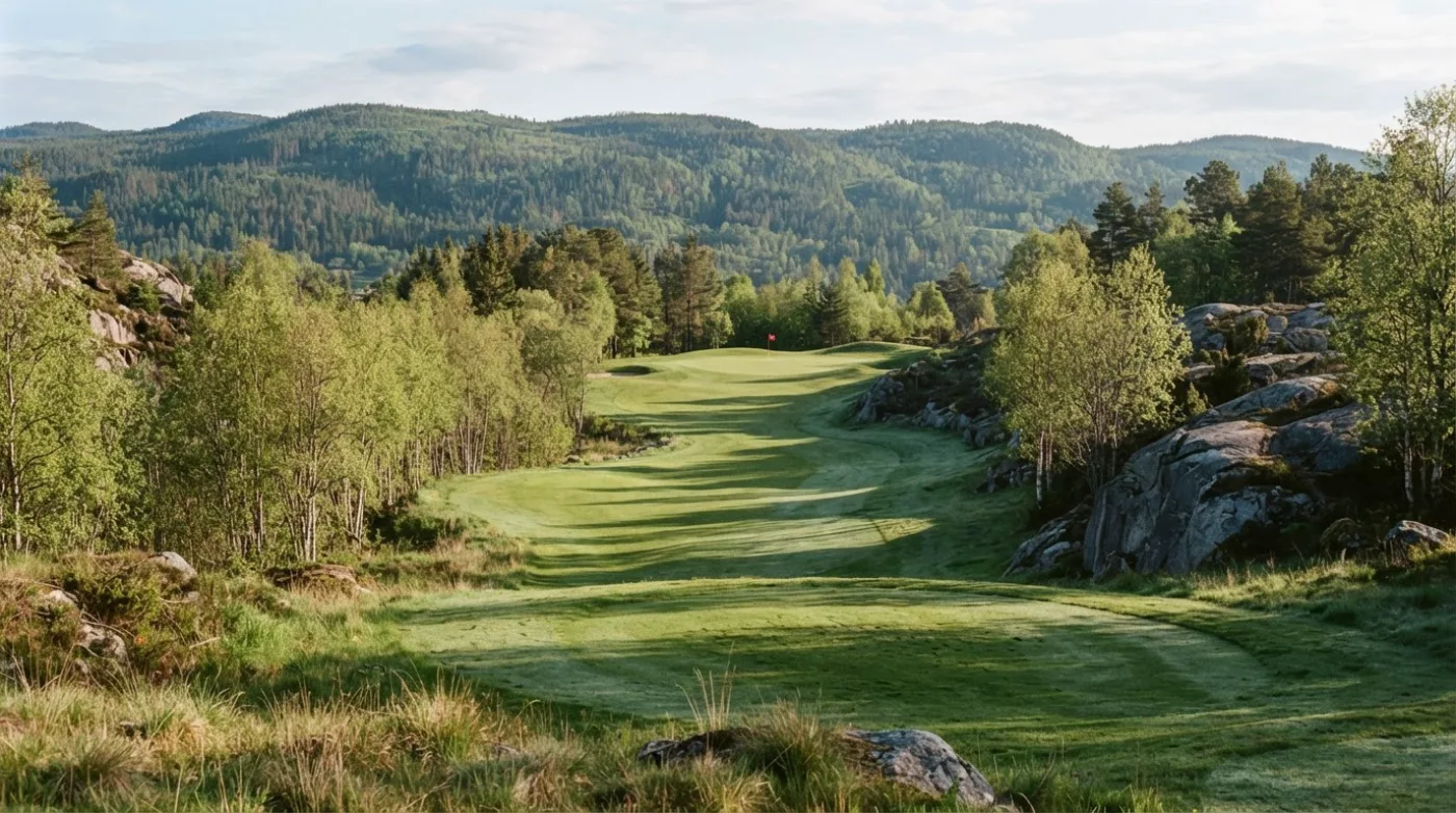 Fairway mellom bjørk og svaberg i tidlig junilys, med rødt flagg på greenen