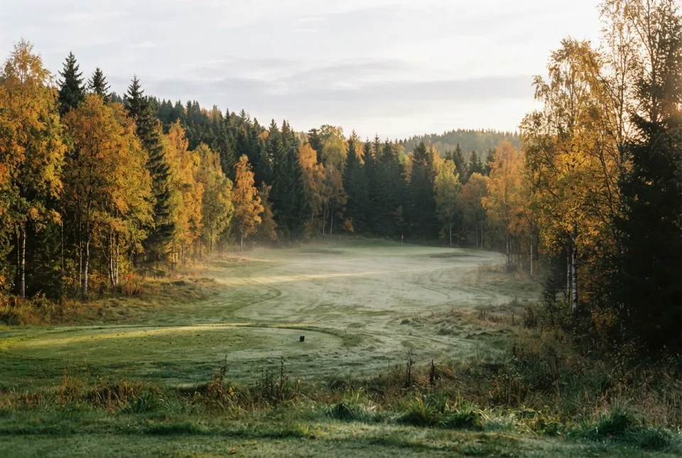 Gyllen bjørk og tåke over fairwayen en tidlig septembermorgen
