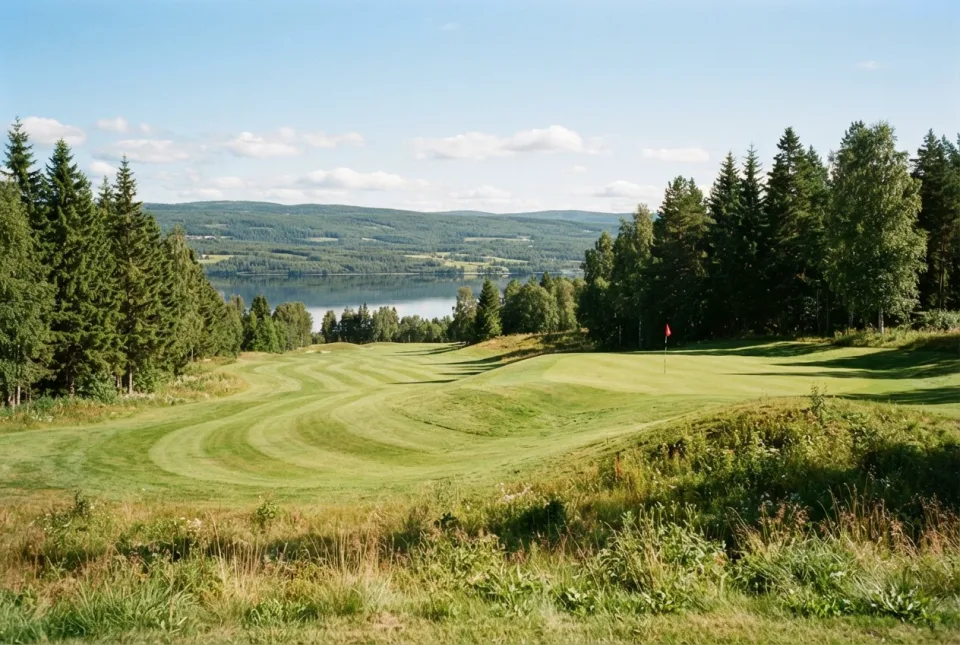 Fairway som faller ned mot et vann, med granskog og åser bak