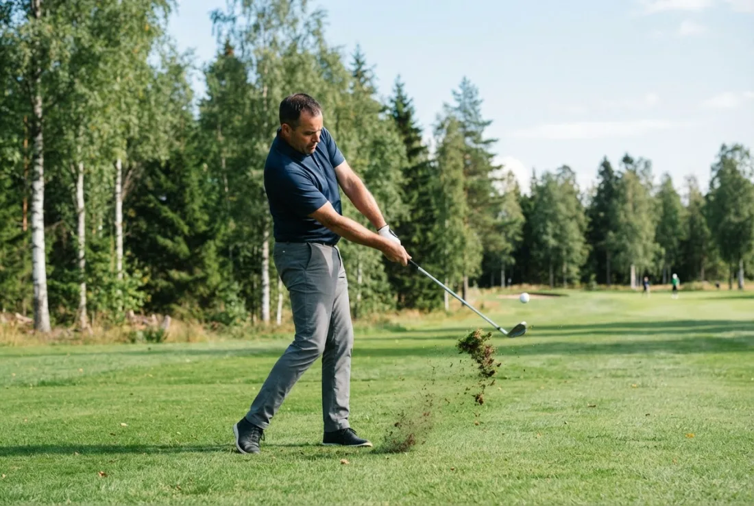 Spiller i trefføyeblikket med jernkølle, torv river seg løs fra fairwayen